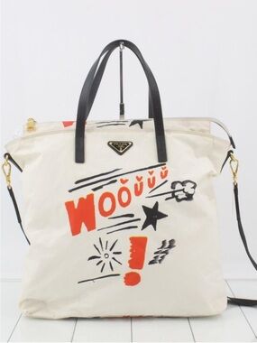 Prada White Canvas "Wooo" Graphic Tote with Black Leather Handles